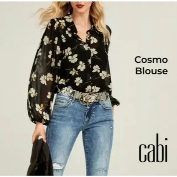 CAbi Tops - CAbi Cosmo Blouse Black Floral Chiffon Sheer Button Front Top 4159 Size Large